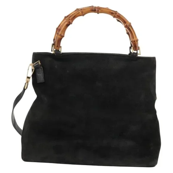 GUCCI Bamboo Hand Bag Suede 2way Black